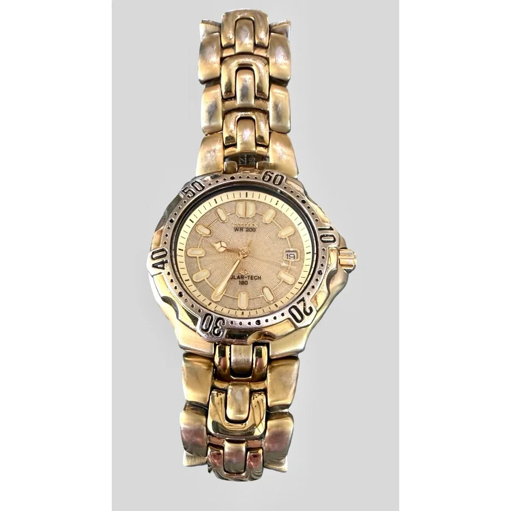 Citizen Eco-Drive Solar-Tech 180 Gold Tone WR200 Watch Working New Cell